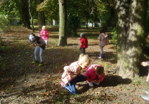Dzieci rozproszone po parku spacerują z pochyloną głową i szukają kasztanów.